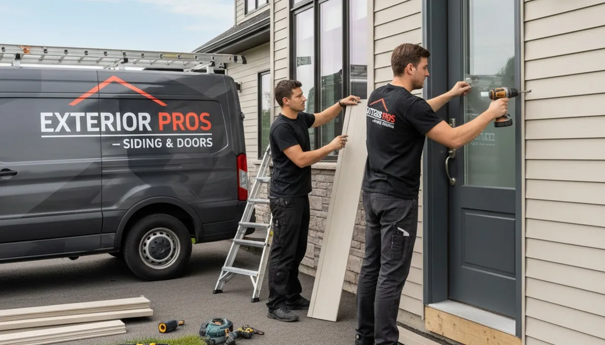 Technician performing vinyl siding and door repair on Houston TX home exterior