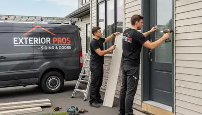 Technician performing vinyl siding and door repair on Houston TX home exterior