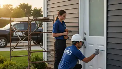 Technician repairing exterior door on Houston TX home with vinyl siding by Next Level Exteriors