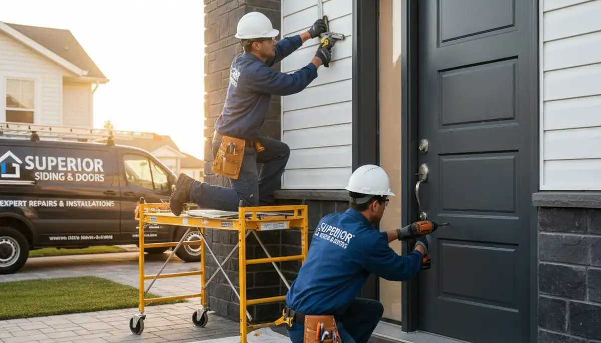 Technician repairing front door frame on vinyl-sided home in Houston, TX