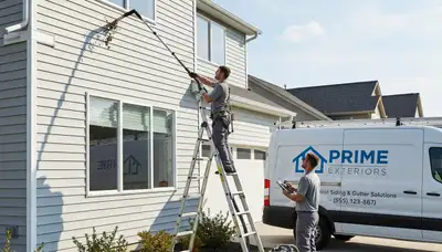Technician cleaning residential gutters on vinyl siding home in Houston, TX