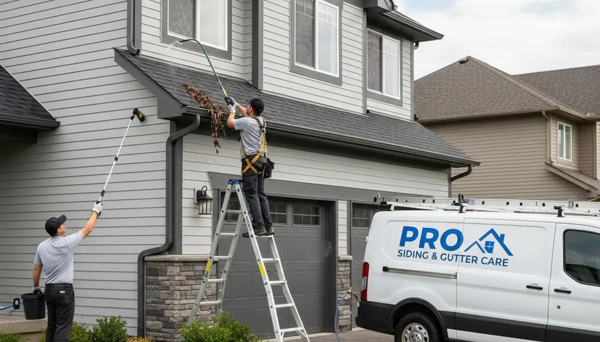 Technician cleaning residential gutters on vinyl siding home in Houston TX to prevent water damage