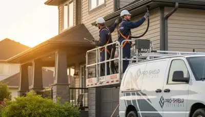 Technician performing gutter inspection on vinyl siding home in Houston, TX