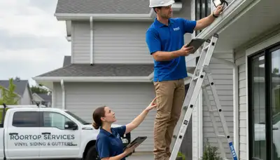 Technician performing vinyl siding and gutter inspection at Houston TX home exterior