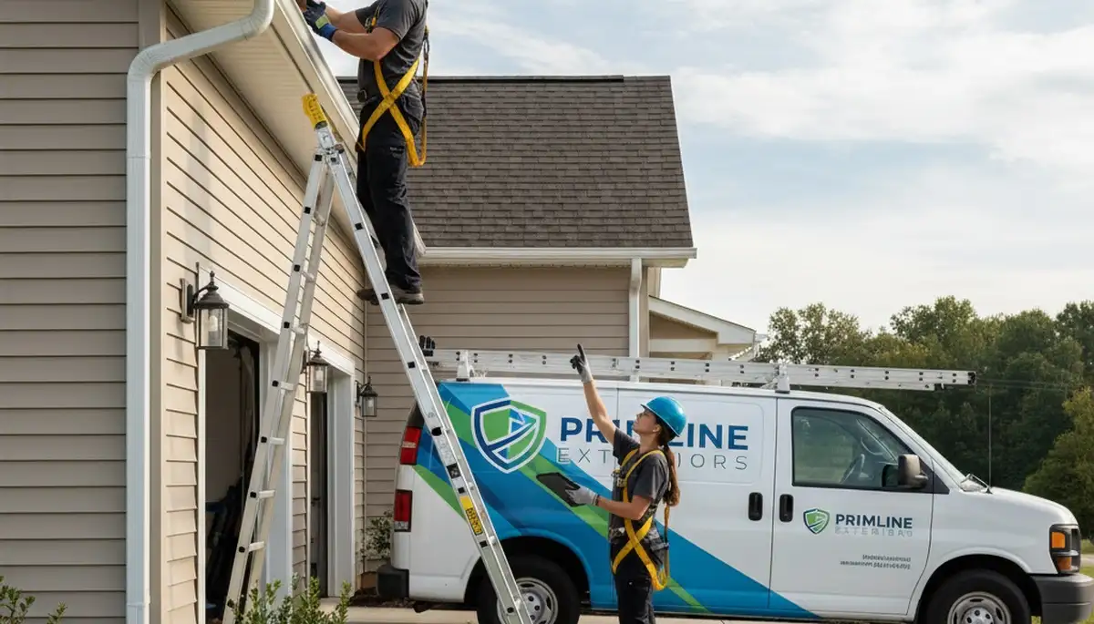Technician performing gutter inspection on vinyl siding home in Houston, TX
