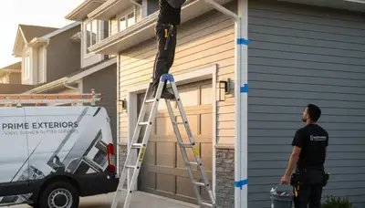 Technician repairing house gutters and vinyl siding in Houston, TX for storm damage restoration