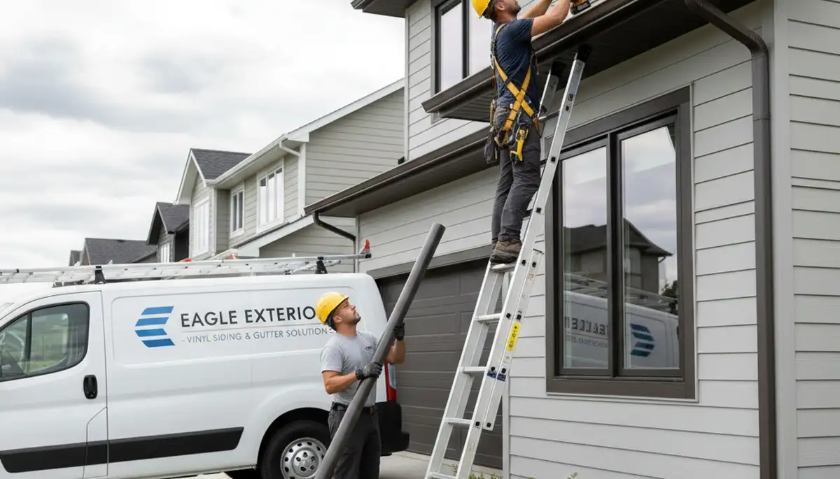 Technician repairing home gutters and vinyl siding in Houston, TX for storm damage restoration