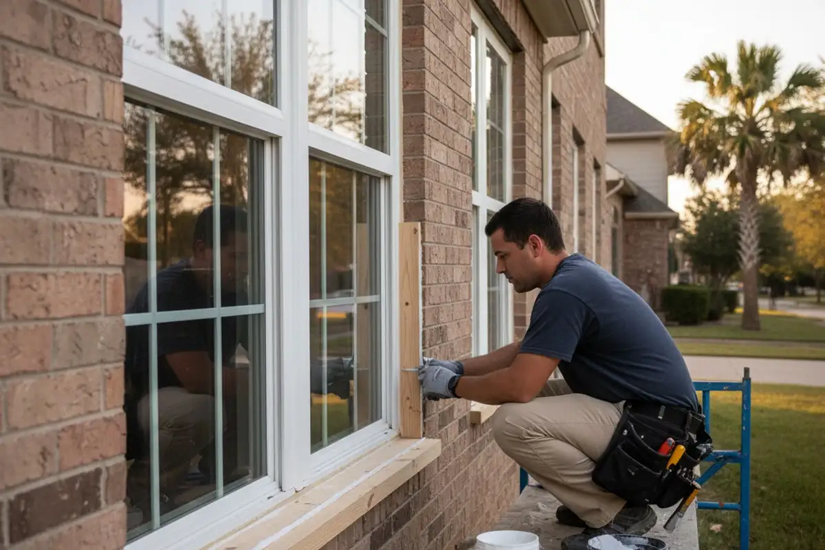 Technician applying final caulk and trim on window replacement at Houston TX vinyl siding home