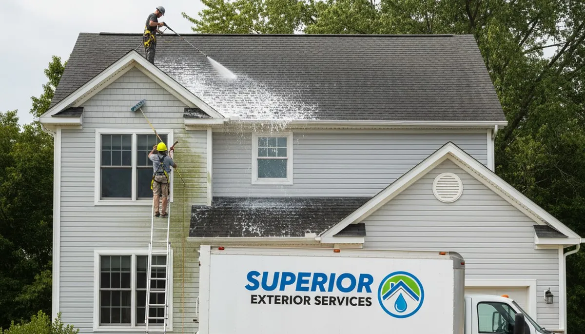 Professional roof cleaning removing algae and debris in humid Houston, TX by Next Level Exteriors