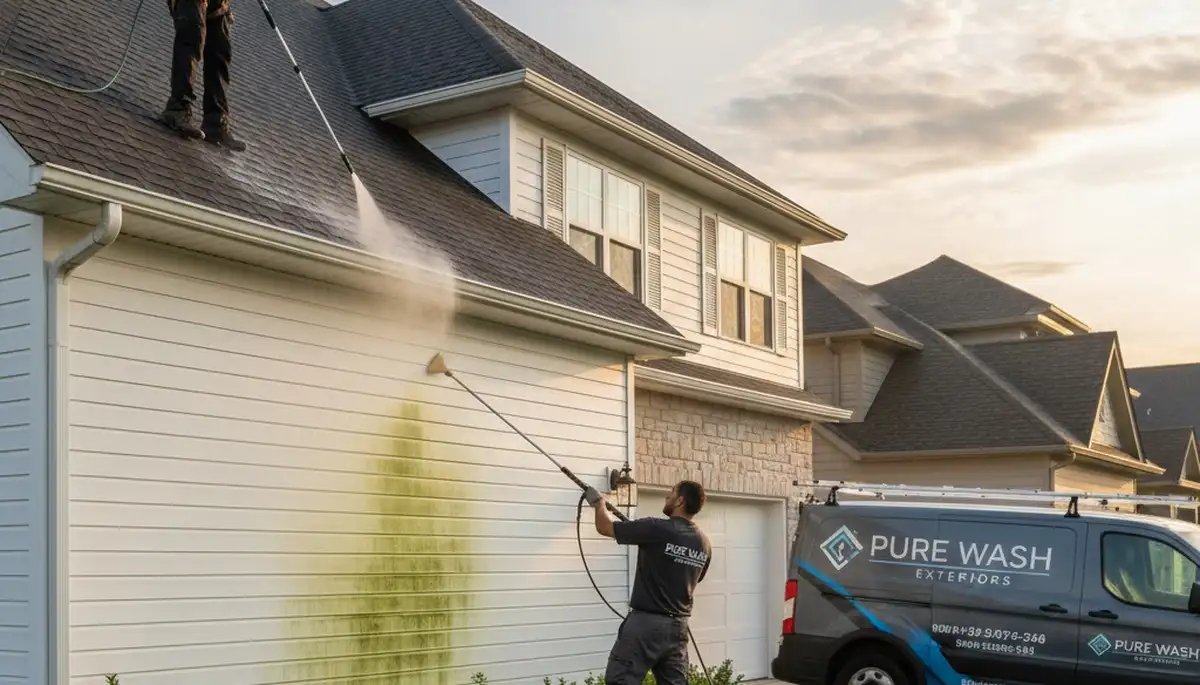 Professional roof cleaning service in Houston TX removing mold and debris from residential siding