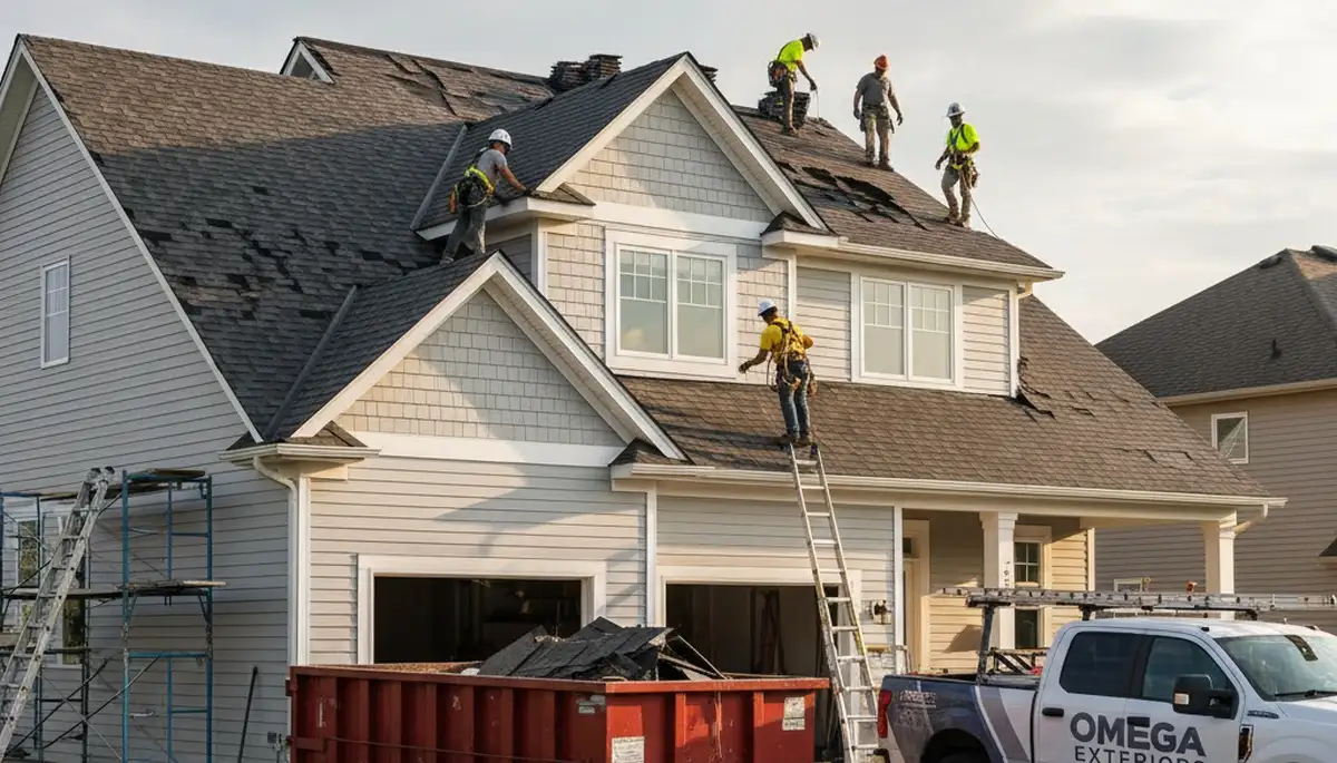 Roof replacement crew installing new shingles on Houston, TX home exterior by Next Level Exteriors