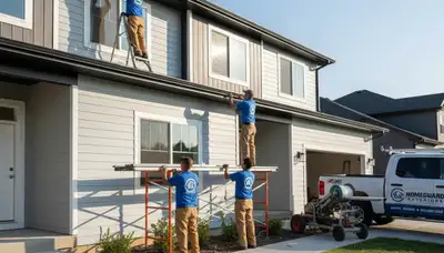 Technician installing seamless gutters on vinyl siding home in Houston, TX