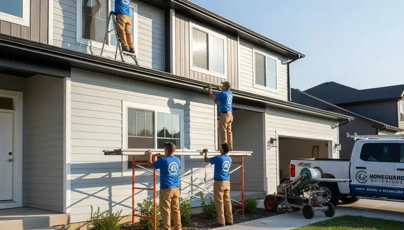 Technician installing seamless gutters on vinyl siding home in Houston, TX