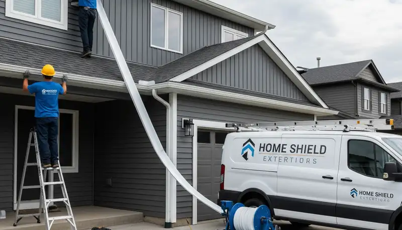 Technician installing seamless gutters on vinyl siding home in Houston, TX