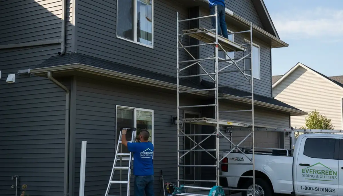 Technician installing seamless gutters on vinyl siding home in Houston, TX