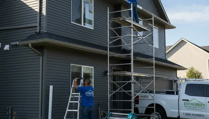 Technician installing seamless gutters on vinyl siding home in Houston, TX