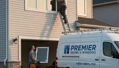 Technician repairing residential window beside vinyl siding in Houston, TX home exterior