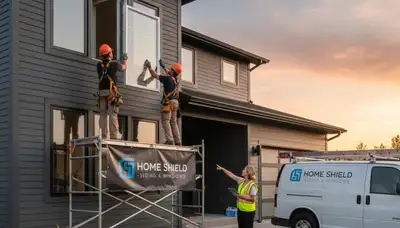 Technician installing energy-efficient replacement windows on Houston TX home exterior siding